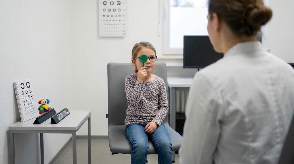 Symbolische Untersuchungsszene: Kind mit Brille und Abdeckscheibe bei einer Sehprüfung